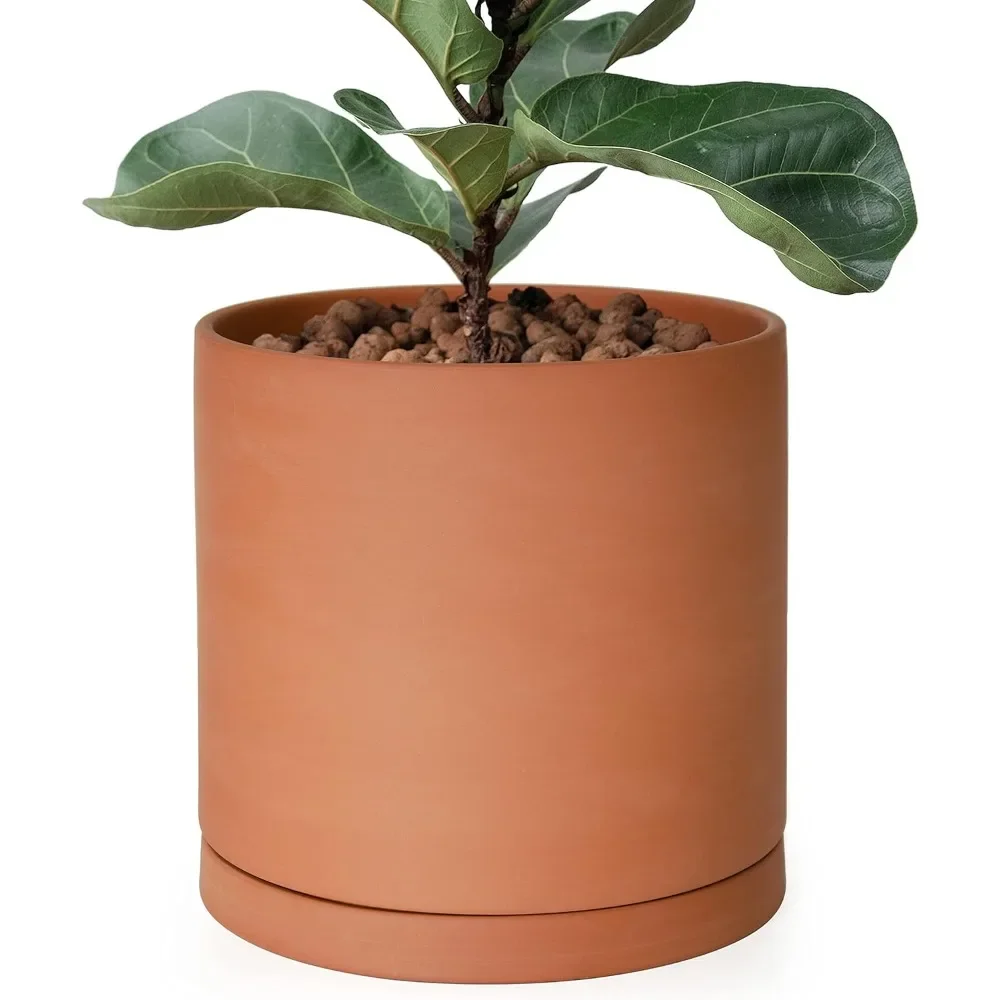 

%a Large 10 Inch Terracotta Plant Pot with Drainage Hole and Saucer, Round Cylinder Planter Pot for Indoor Plants