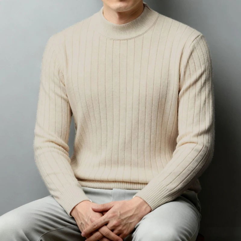 سترة رجالية محبوكة برقبة شبه عالية، نسيج صوف 500 جرام، مضاد للبيلينغ، طراز فاخر هادئ، بيج رمادي بني ​
