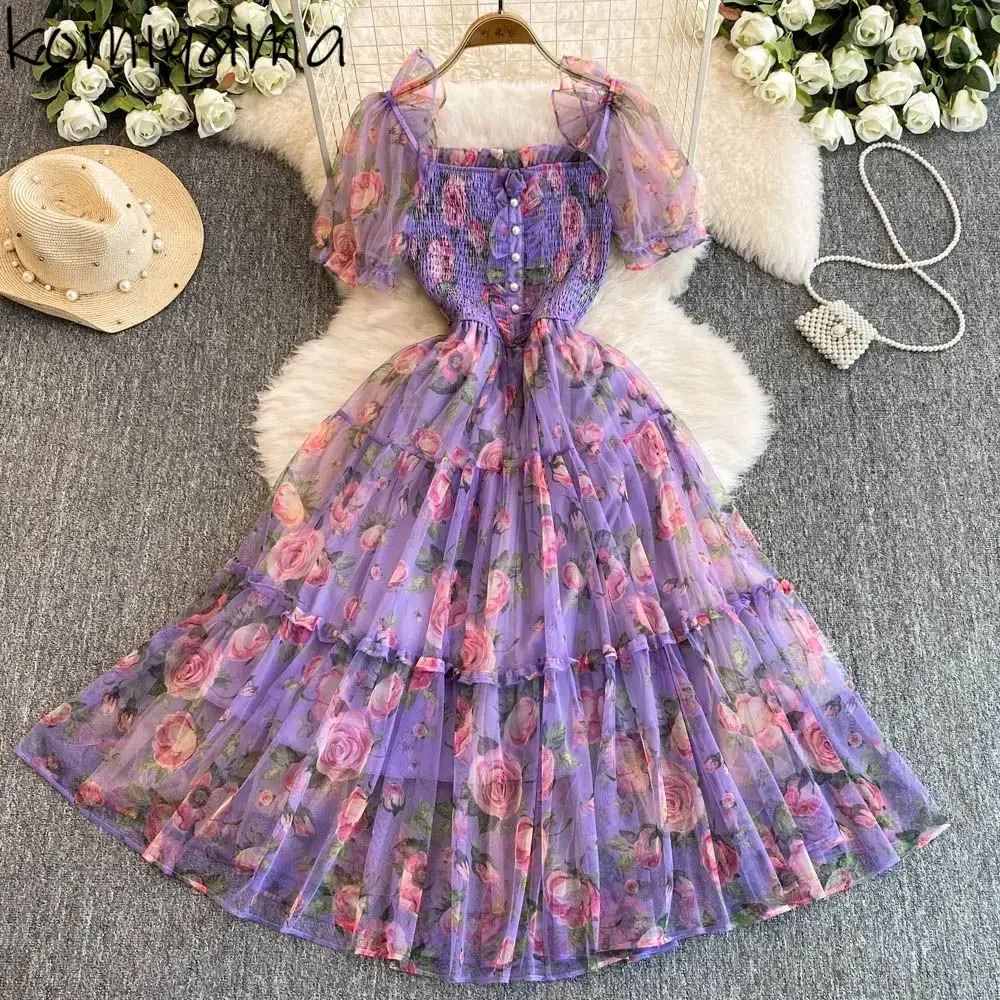 Broken Flower Women 2024 Vestidos Square Collar Dresses New Sweet Gentle Dress Temperament Vestido Femininos Pleated Clothing