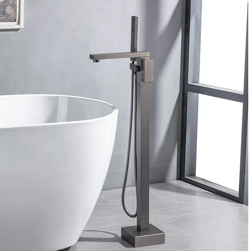 

Floor Standing Faucet Brushed Gold Square Bathtub Shower Faucets Brass Hot Cold Water Mixer Tap Bathroom Waterfall