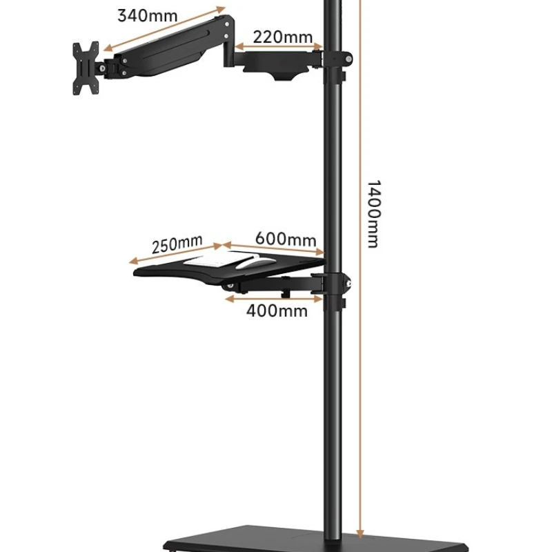 Floor Monitor Stand Pneumatic Lift SPCC Steel 17-32" 360° Rotation 10KG Load Sturdy Mobile Workstation with Keyboard Tray