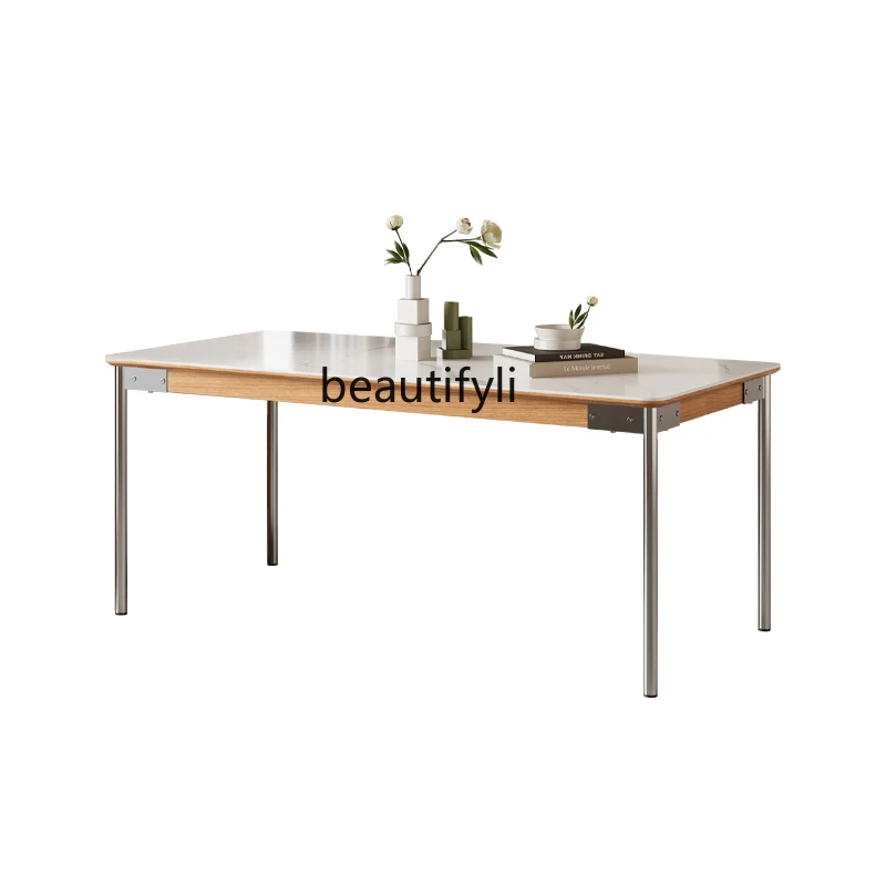 

A55 Slate dining table Modern simple rectangular stainless steel log color island table integrated cabinet dining table