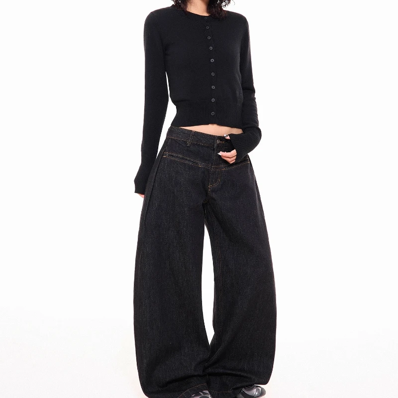 American Retro Design Black Women's Jeans 2025 Autumn New Sweet Cool Loose Versatile Slimming Wide-Leg Trousers Ladies
