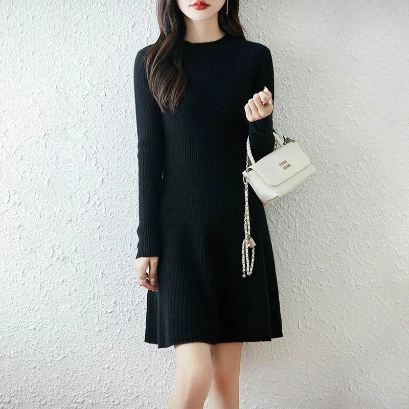 Hot A Skirt Selling New Women's 100% Merino Wool Knitted Dress Autumn Winter Thick O-Neck Pullover Long Sweater Casual Dress