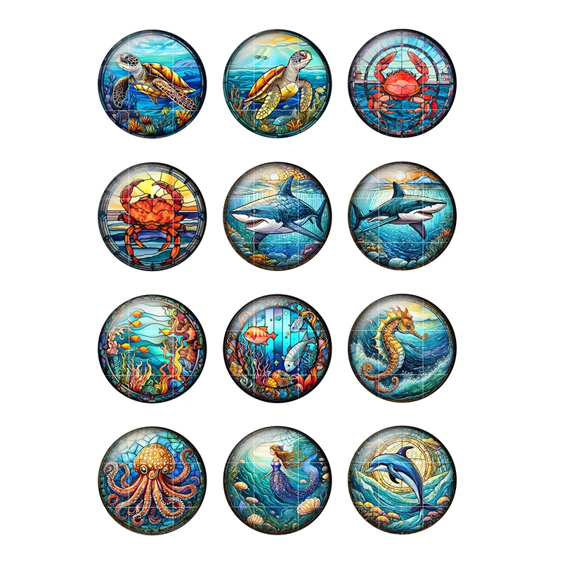 24pcs/lot Sea Animals Fish Seahorse Tortoise Dolphin 8mm/25mm Round Photo Glass Cabochon Demo Flat Back Making Findings H146