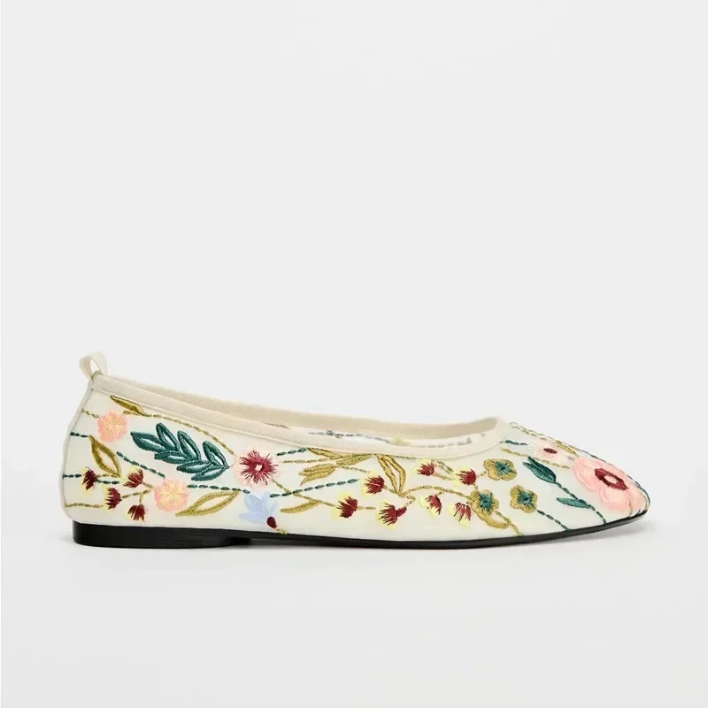 2024 Spring Summer New Green Flower Embroidered Mesh Ballet Flats Breathable Round Head Mary Jane Single Shoes