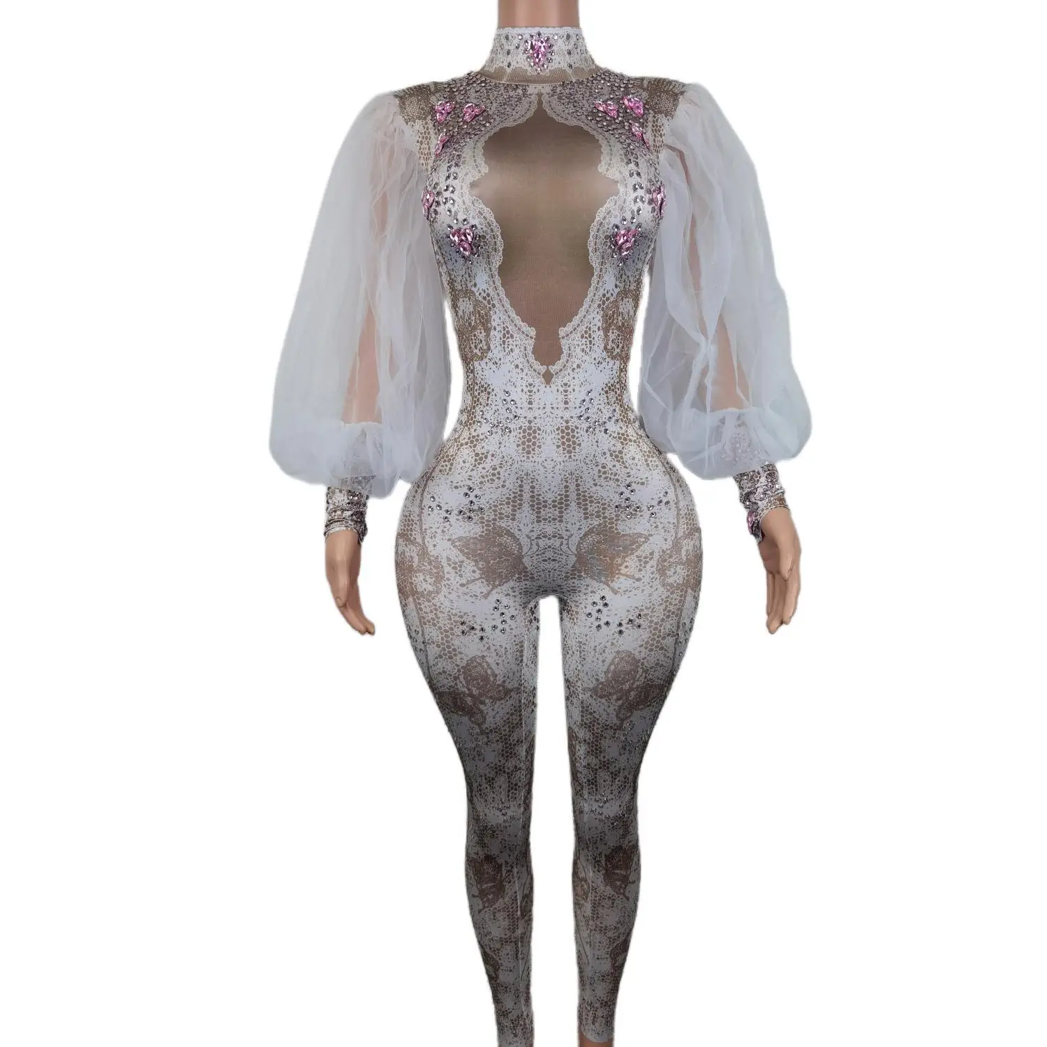 

Shining Rhinestones Sexy Long Gauze Folds Sleeves Jumpsuits Women Carnival Party Club Clothing Stage Perform Costumes Leisihua