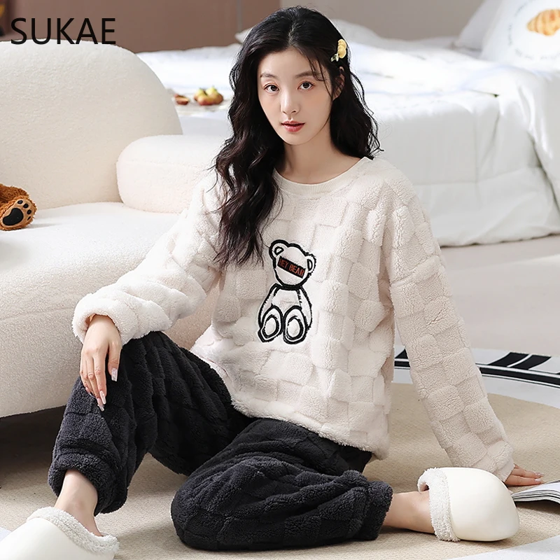 SUKAE Fashion Women Winter Thermal Pajama Set Plus Size M-5XL Big Teddy Sleepwear for Girl Leisure Long Sleeves Fluffy Nightwear