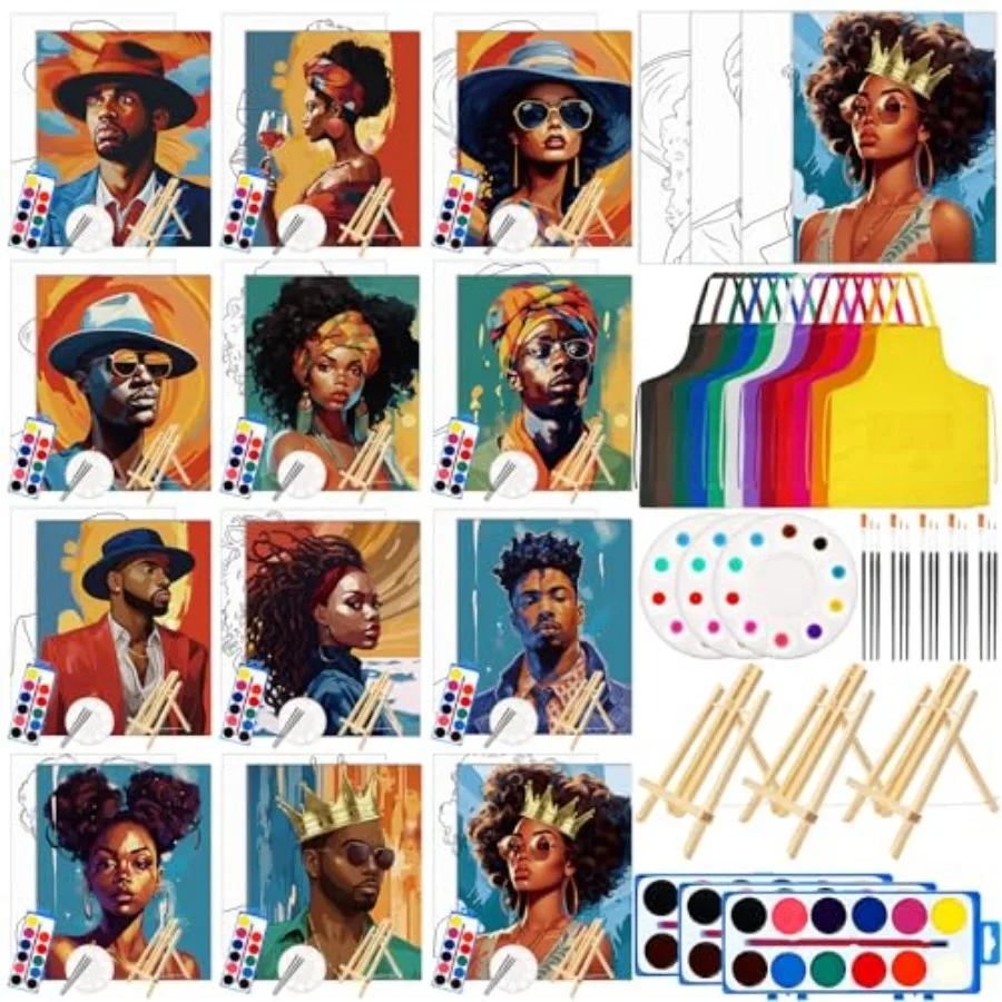 

12 Sets Pre Drawn Canvas Kits - Painting Set 8'' x 10'' Afro Sip Pre-Stretched Canvas Wood Easel Watercolor Paint Apron and Bru