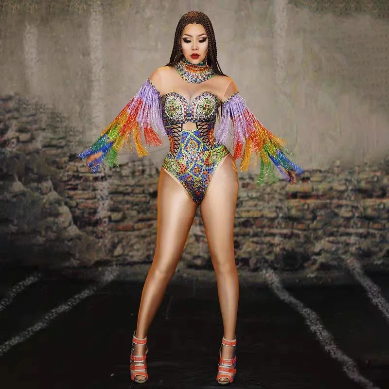 

High Quality Multi-color rhinestone fringe bodysuit sexy crystals leotard dance costume tassel outfit women Bodysuit