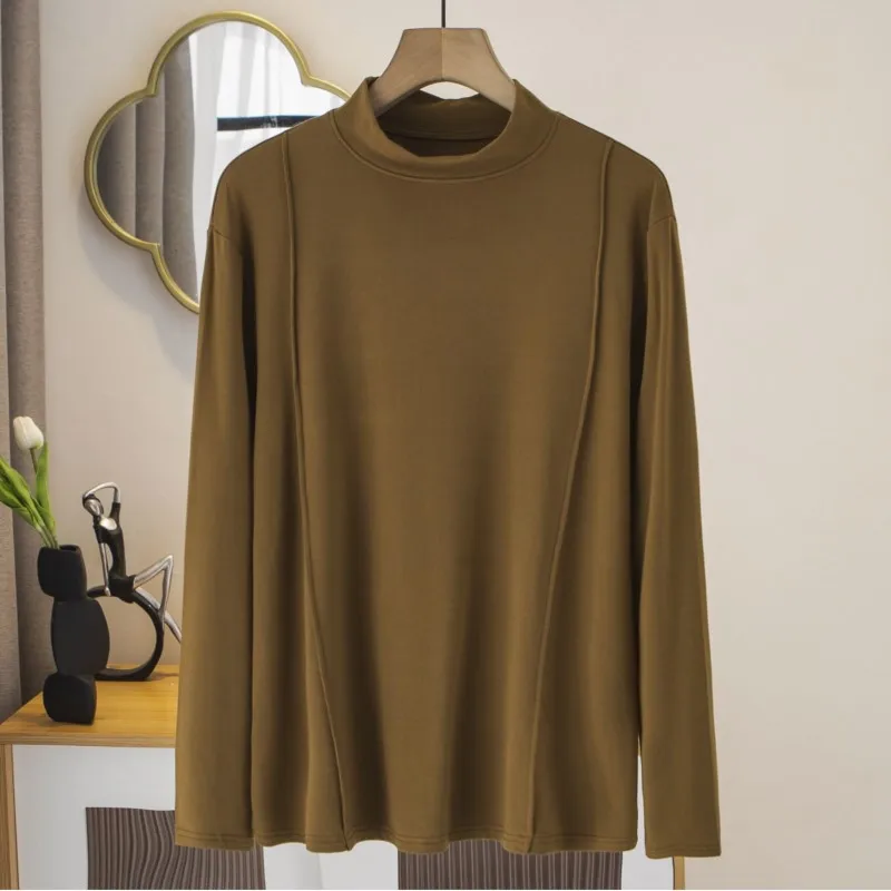 

2023 Autumn Clothes Women T-Shirt Plus Size Mock Neck Tee Casual Stylish Inside With 32 Combed Cotton Solid Color Tops Curve