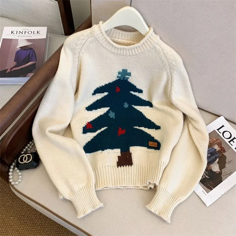 새로운 크리스마스 트리 캐주얼 스웨터 여성 인쇄 느슨한 캐주얼 뜨개질 풀오버 부드럽고 편안한 하프 하이 칼라 루즈 한 스웨터