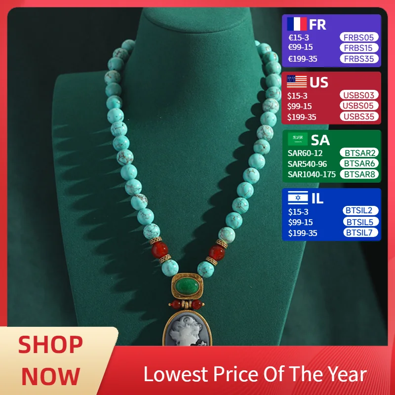 

Vintage Turquoise Necklace Stones Long Beads Oval Cameo Head Pendant Jewelry Gift Antique Boho Accessories For Women Bohemia