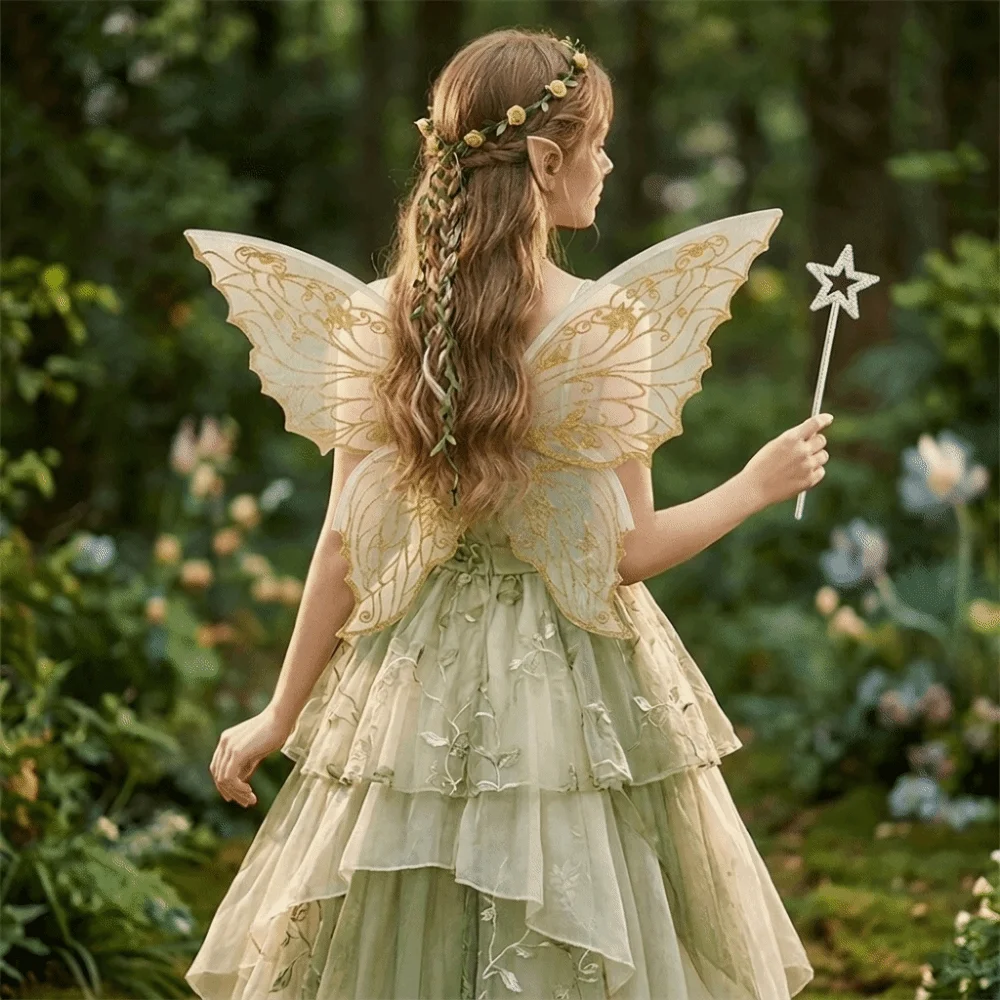 Foldable Wings Wreath Elf Ear Set Wand Sparkling Butterfly Wings Set Flower Crown Fairy Wings Fairy Cosplay Set Girls