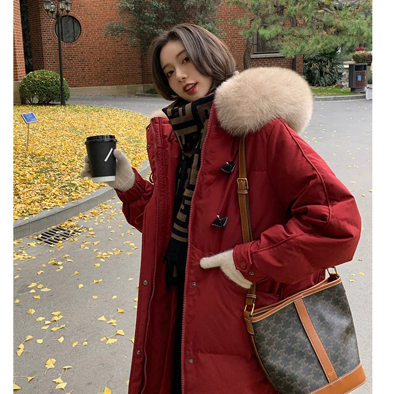 Casual Down Cotton Jacket Autumn Winter 2026 Korean Version Large Fur Collar Hooded Warm Parkas Loose Over The Knee Cotton Coat