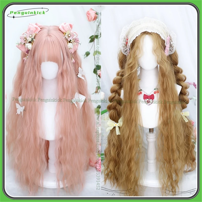 

Long Curly Synthetic Wig Bangs Lolita Party Students Chic Girls Golden Pink Wavy Small Curls Princess Heat Resistant Hair Scalp