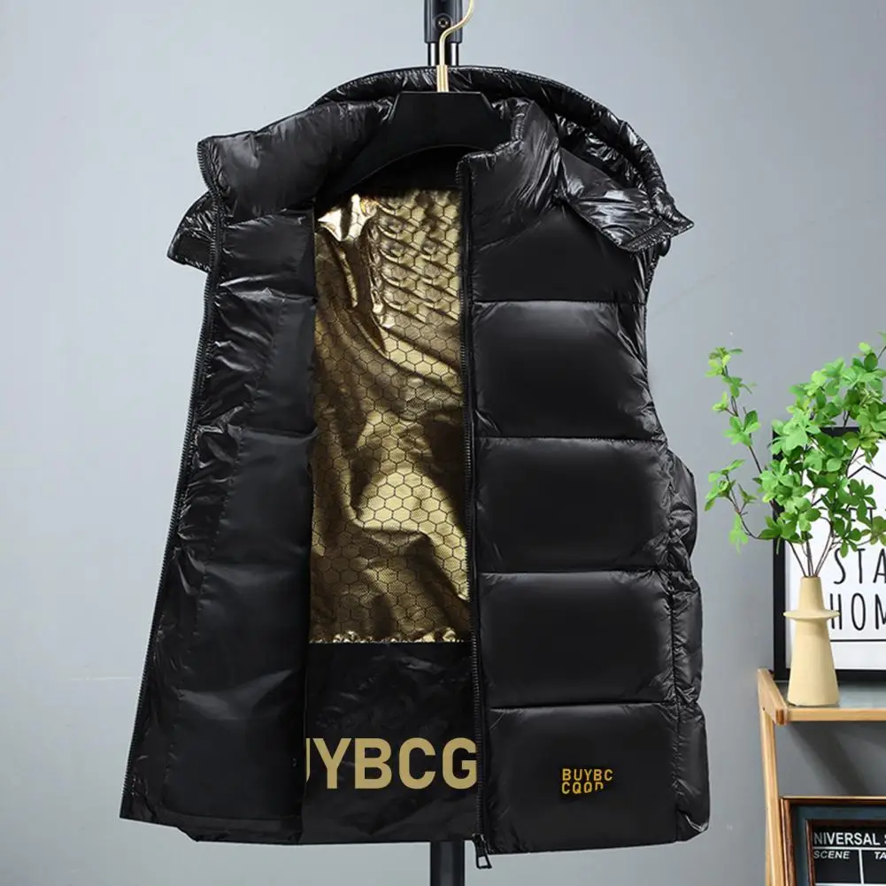 Men Waistcoat Hooded Sleeveless Vest Coat Black Golden Color Down Cotton Zipper Pockets Vest Jacket Daily Wear