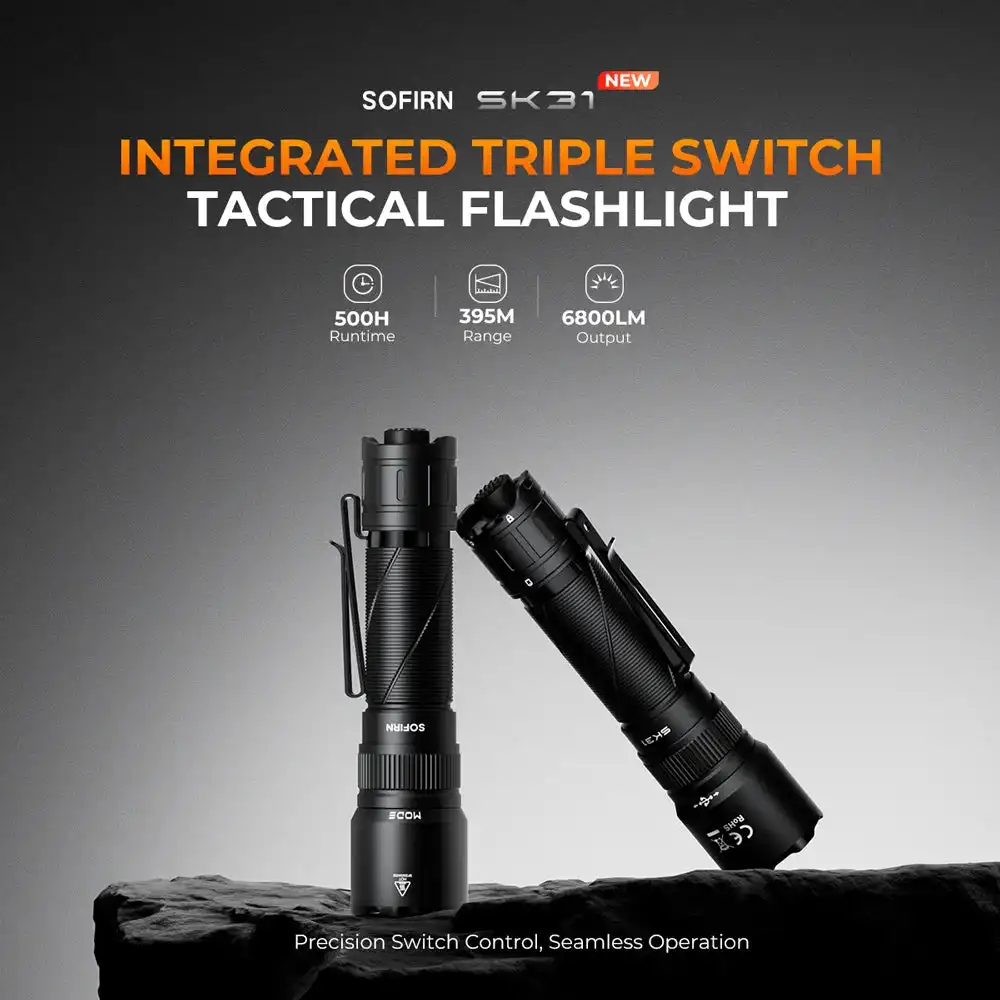 Sofirn SK31 Power Tactical Flashlight 6800LM Long Range Torch Triple Switch System Type-C 21700 Waterproof Hunting Search Light