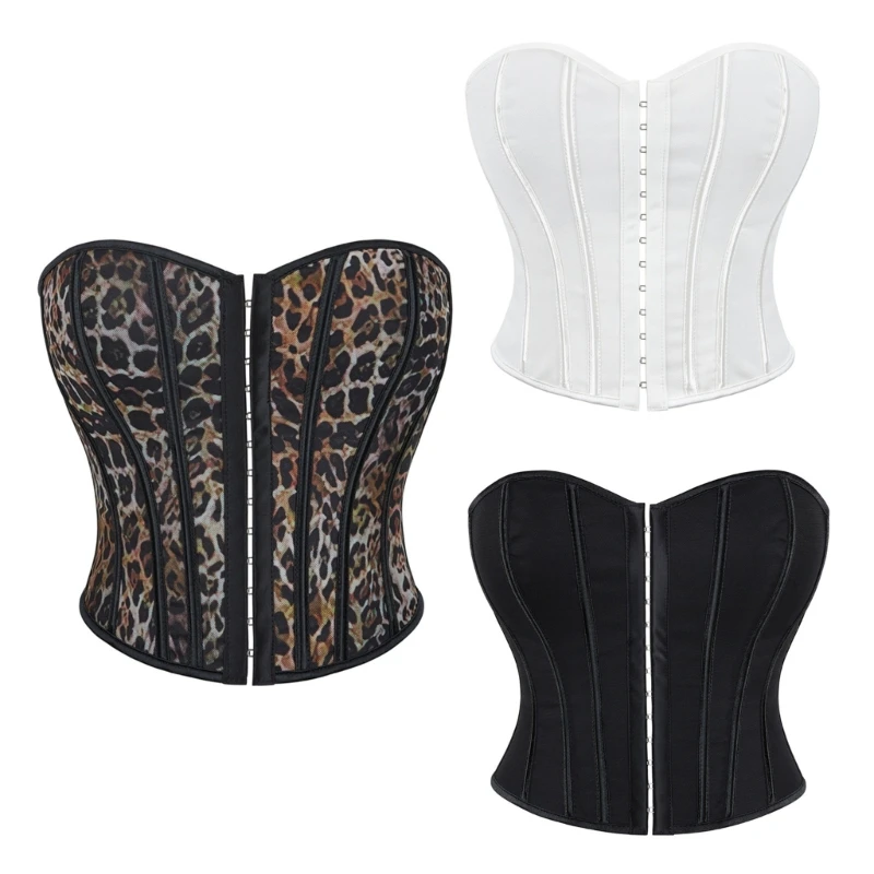 Leopard Print Strapless Bustier Top for Women Single Breasted Vintage Lace Up Shapewear Fishboned Overbust Corset Vest