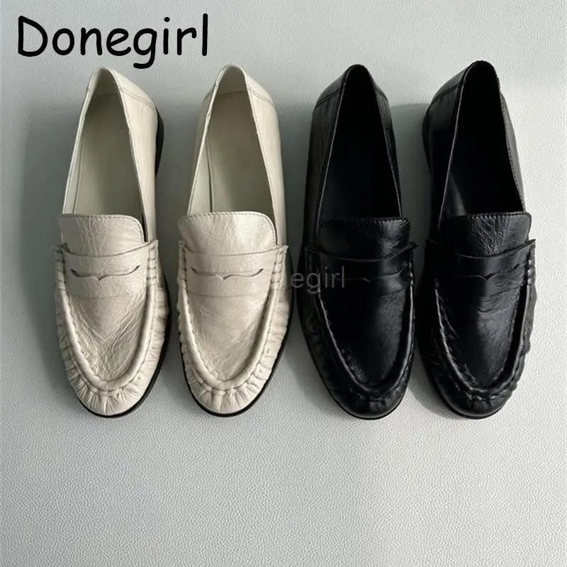 

Donegirl 2023New Women Fashion Spring Round Head Pleats Texture Leather Splicing Casual Flat Shoes Versatile Loafers Chic Ladies