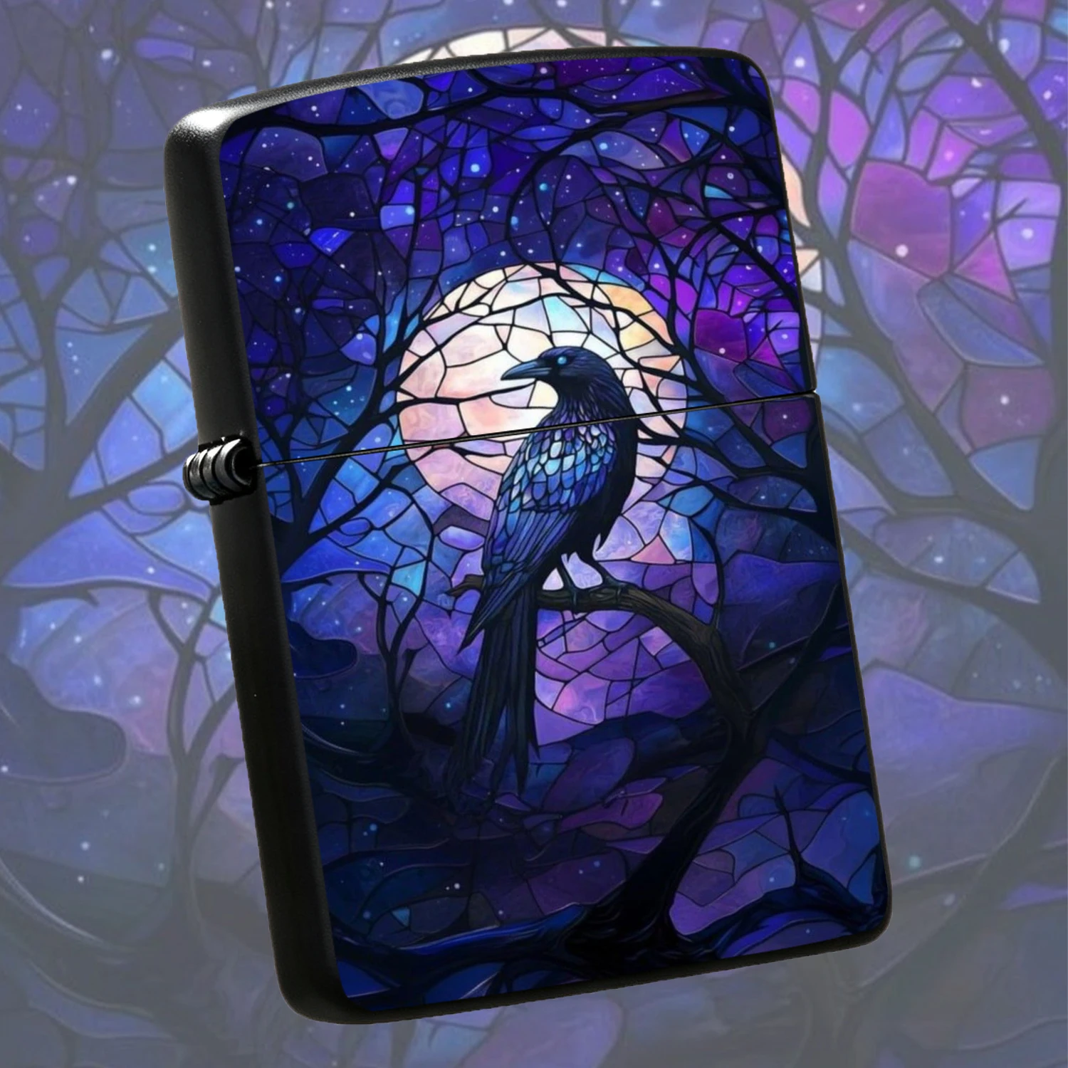 Stained Glass Raven Night Sky Lighter, Vintage Artistic Windproof PORTABLE Igniter, Starry Full Moon Perched CROW Tree Branch Themed Unique Collectible, Durable Daily Use Lighter for Ignition Candles, Ideal Gift for Gothic Art Lovers A Fun and Humorous l
