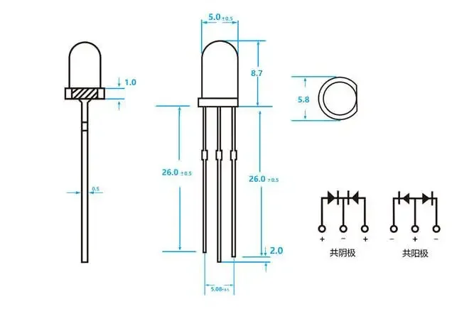 100pcs F5 5mm 0,06W 20mA redondo multi cor nevoeiro ânodo comum cátodo diodo DIP
