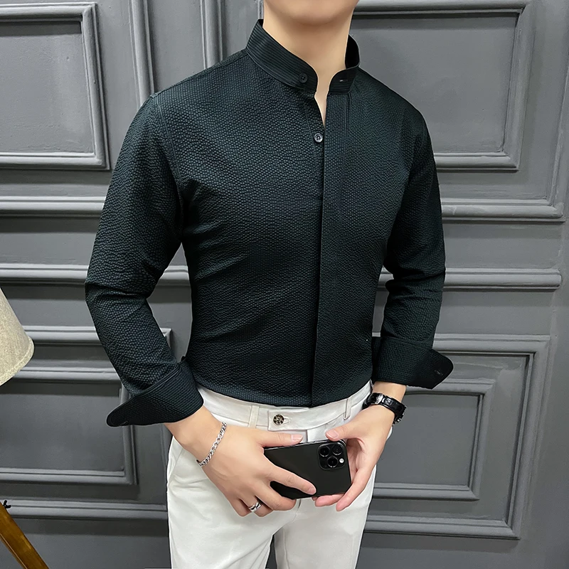 2024 Spring New, Customized Seersucker Fabric Wrinkle-Resistant, Gentleman Stand Collar Hidden Hook Apricot Long Sleeve Shirt