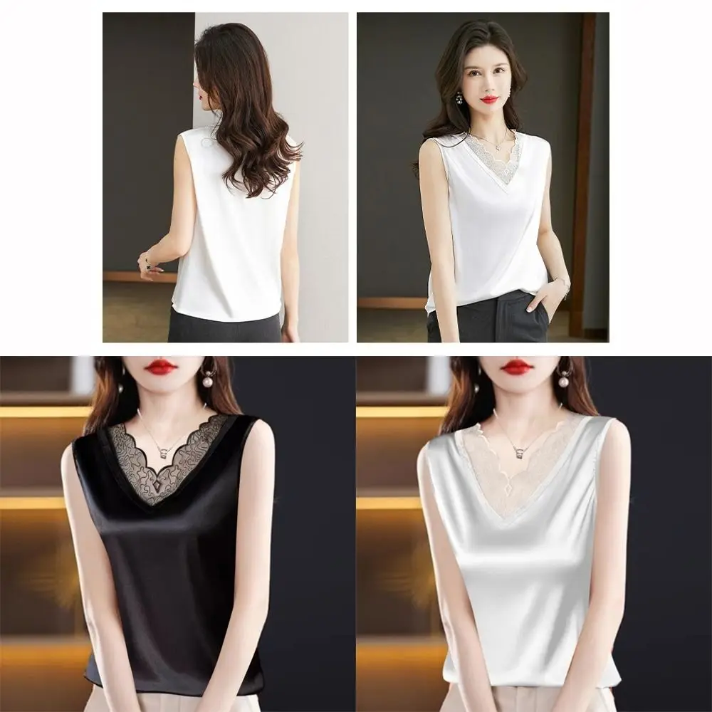 Casual Elegant Women Summer Tanks V-Neck Plus Size Option Fashion Sleeveless Tops Inner Wear Base Lace Collar Border Ladies Tees