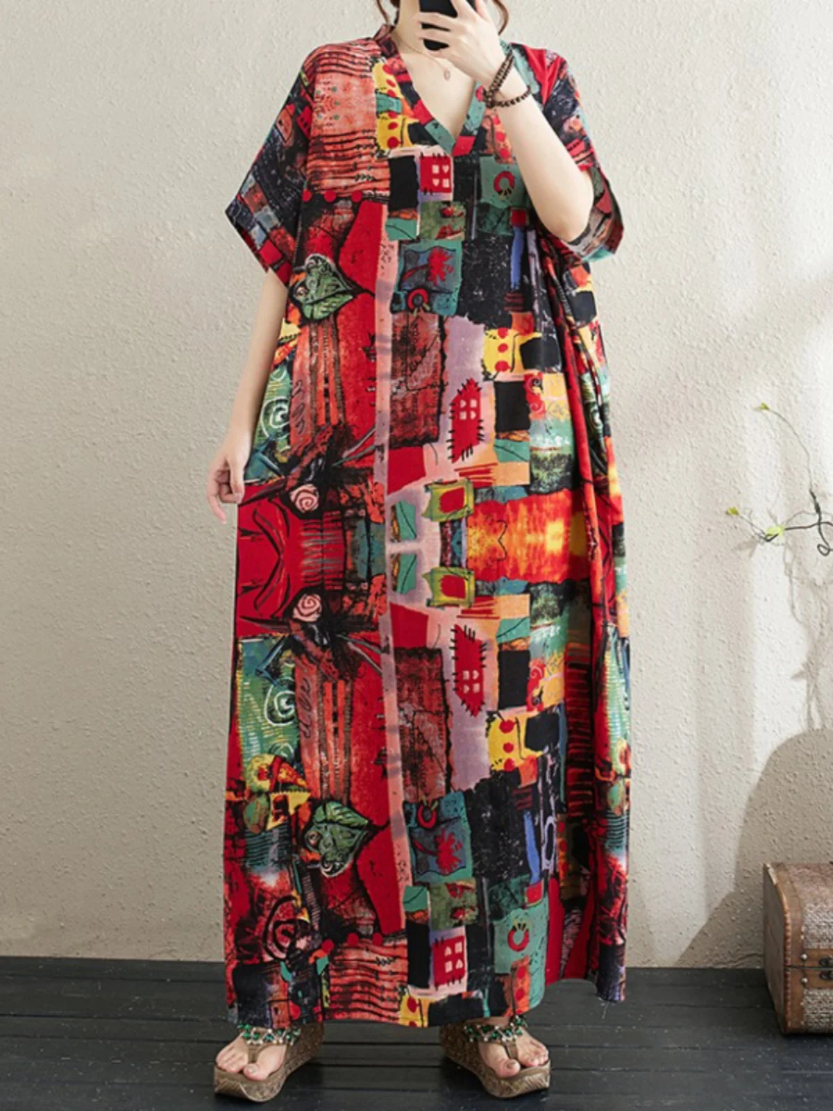 

Large Size Floral Print Cotton Linen Dr V-Ne Loose Summer Beach Sle Long Dr Women's Faion Casual A-Line Skirt