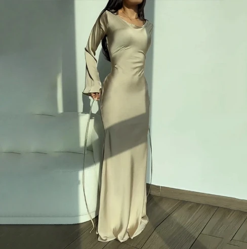 Women's Dress 2025 Autumn Winter Latest Round Neck Long Sleeved Lazy Style Cinched Waist Maxi Dress High Waist One Step Skirt