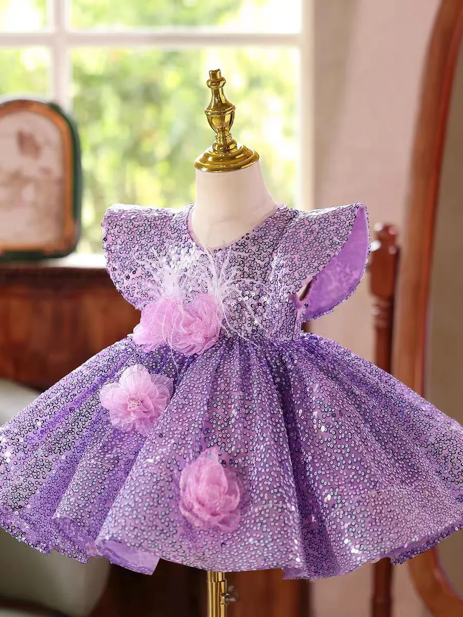 Jill Wish J598 Abito da ragazza di fiore viola Fiori fatti a mano Piume Lunghezza al ginocchio Principessa Bambini Matrimonio Compleanno Festa Abito formale