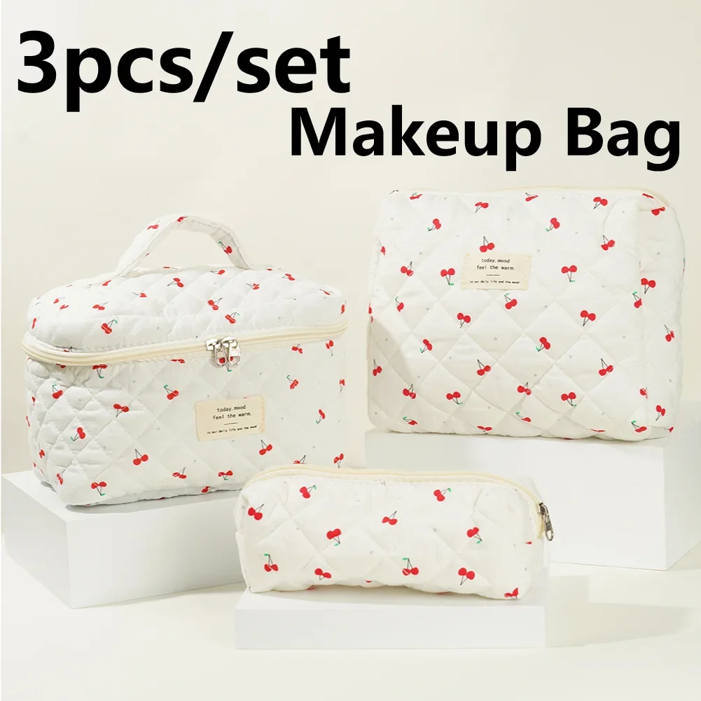 3 pz/set borsa per il trucco trapuntata da donna borsa cosmetica con motivo a ciliegia con pochette e astuccio per penne borse da viaggio di grande