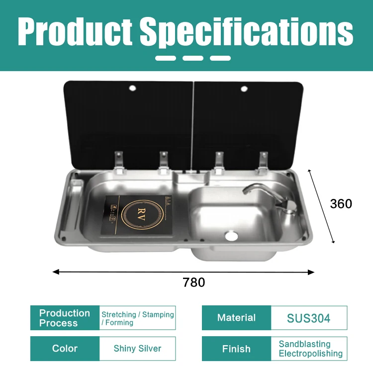 JDA RV Stainless Steel Stove Sink And Induction Cooker Combination Unit With Tempered Glass Lid For RV Caravan Motorhome Yacht