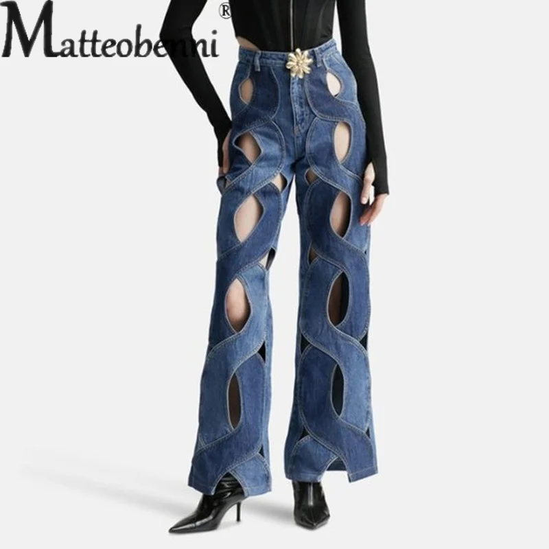 Fashion Hollow Out Curved Stripe Splice Jeans Women Flower Shaped Metal Buttons High Waist Straight Denim Pants Female Trousers