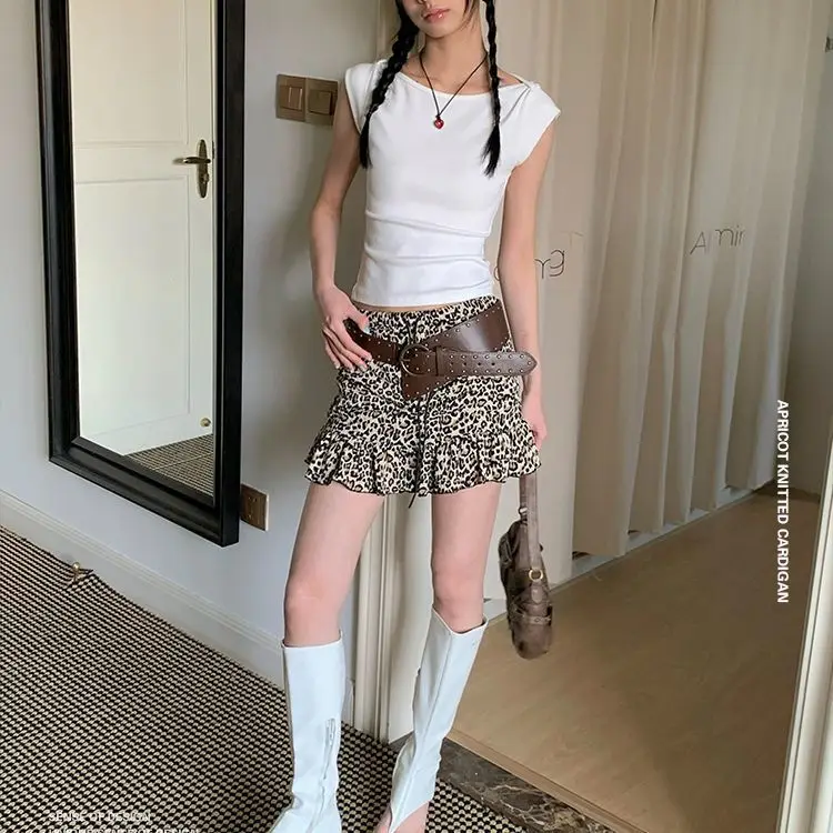 

American Spice Girl Retro Leopard Print Strap Short Cake Skirt Summer New Thin A-shaped Skirt