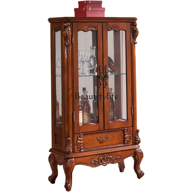 

Double Door Wine Cabinet Solid Wood American Carved Sideboard Display Cabinet