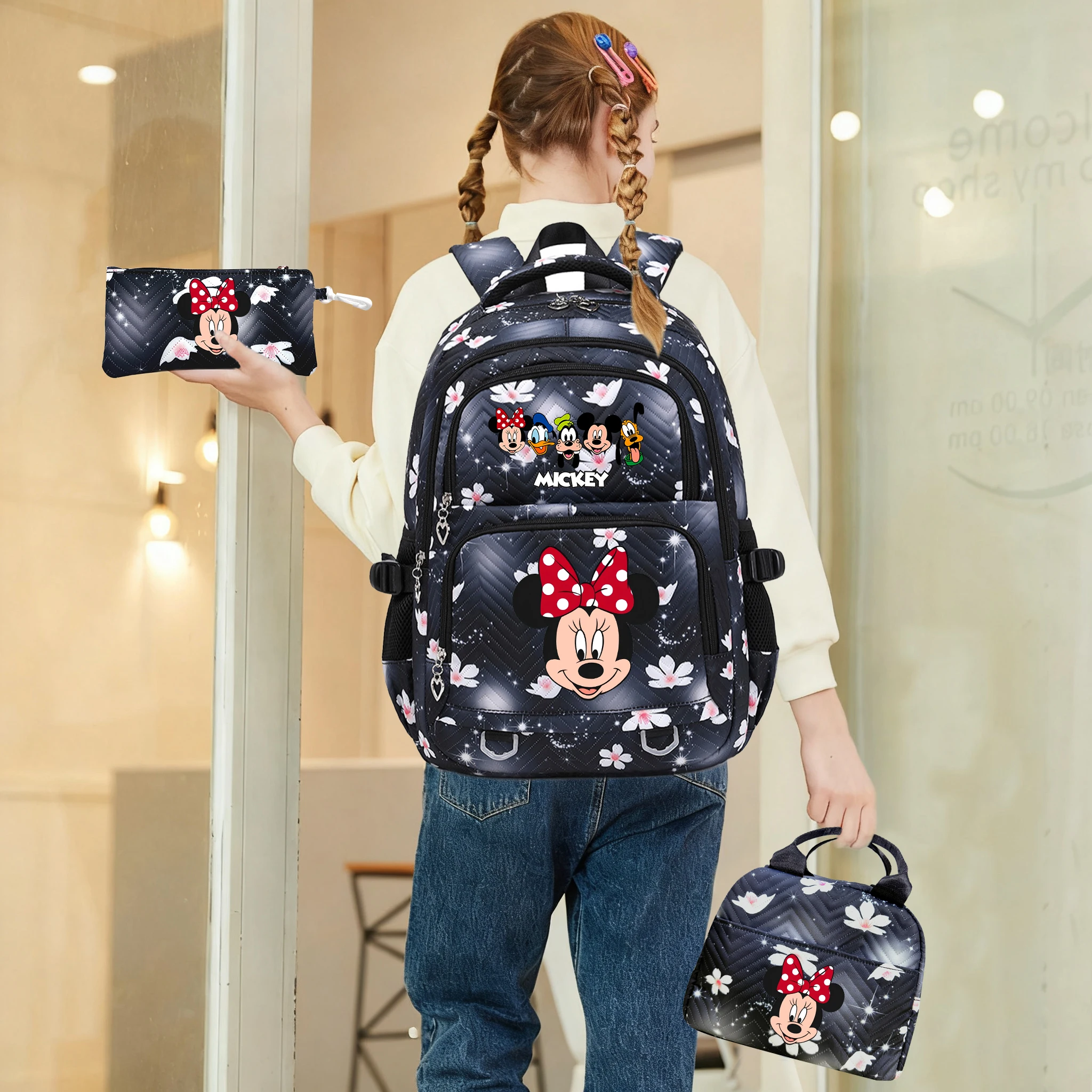 

Mickey Minnie 3PCS Girl Boy Backpack for School with Lunch Bag Pencil Case Cute Bookbag Elementary Middle School Christmas Gift