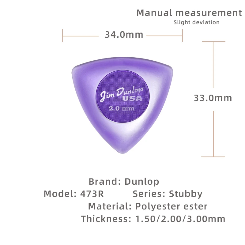 Dunlop Pick. Big Triangle series anti-slip pick. It has a thickness of 1.5/2.0/3.0mm. Suitable for acoustic/electric guitar/bass