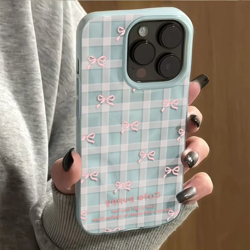 Checkered Pink Bow Phone Case For IPhone 17 Air 16 15 14 13 12 11 Pro Max Girl Cover For iPhone 16 15 14 Plus 13 12 Cover Funda view 3
