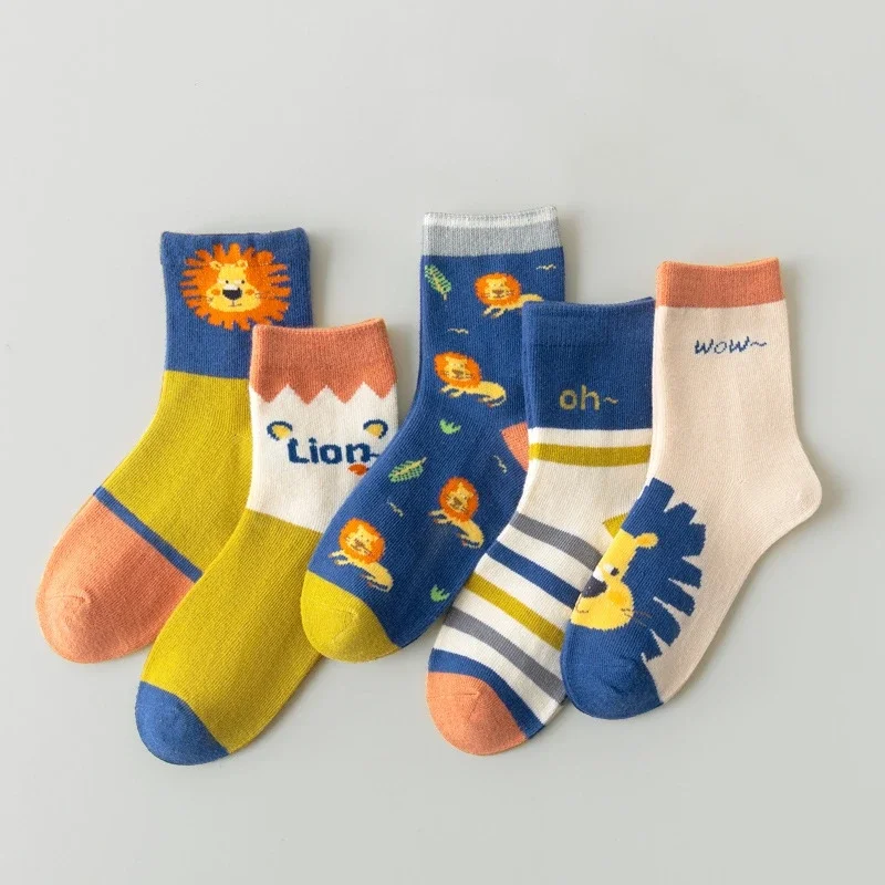 

5 Pairs Students Kids Fashion Cartoon Lion Socks Baby Middle Tube Long Socks Children Boys Girls School Uniform Casual Socks