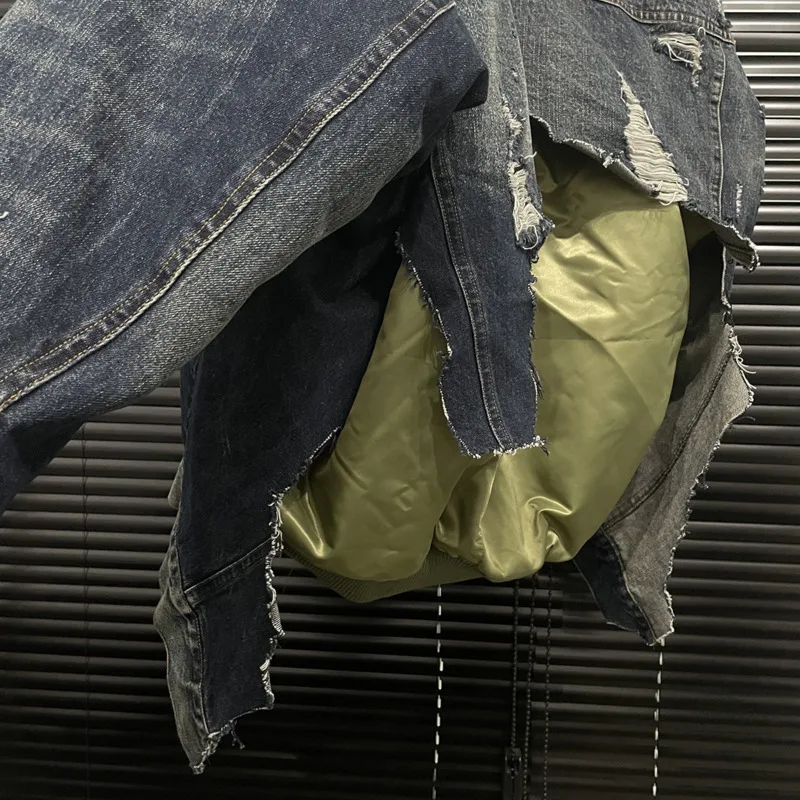 ANJY 겨울 새 여성 패딩 코트 디스트레스드 찢어진 데님 패치 워크 대비 색 가짜 투피스 streetwear 코튼 자켓 a9603