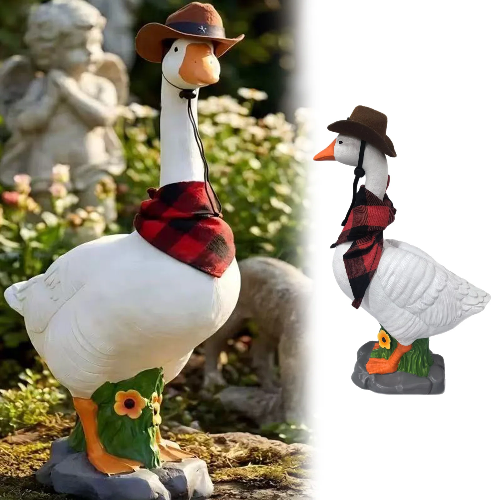 Resin Lifelike Wild Goose Garden Statue with Removable Cowboy Hat & Bandana for Yard Patio Or Porch Decor Home Outdoors