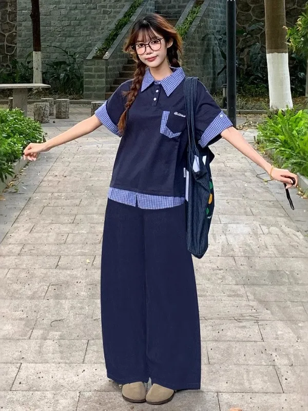 

Американский спортивный костюм в стиле колледж для женщин: летний модный комплект из двух предметов с коротким рукавом и широкими брюками для отпуска, с эффектом омоложения