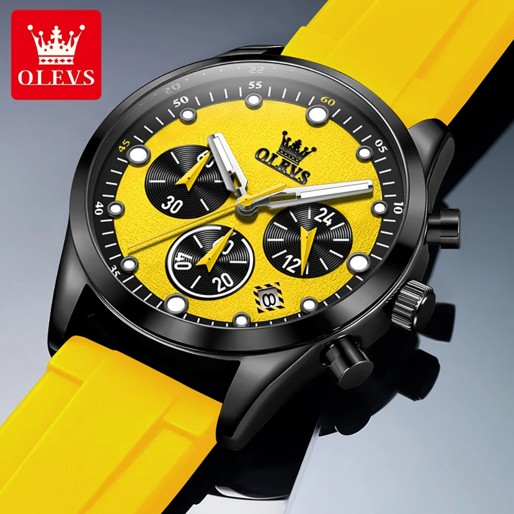 Olevs Topmerk Originele Mode Heren Horloges Multifunctionele Siliconen Plakband Quartz Horloge Lichtgevende Kalender Polshorloge