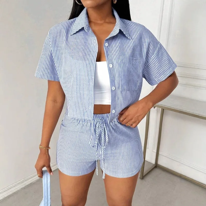 New Fashion Women's Clothing Trend Lapel Casual Striped Shirt Short Sleeve Shorts Two-piece Set Two Piece Sets Womens Outifits
