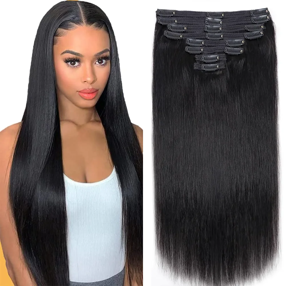 Clip In Hair Extensions 100 Real Human Hair Natural Straight Extensions 10-26 Inch Color #1B Black 120g/Set Remy Hair