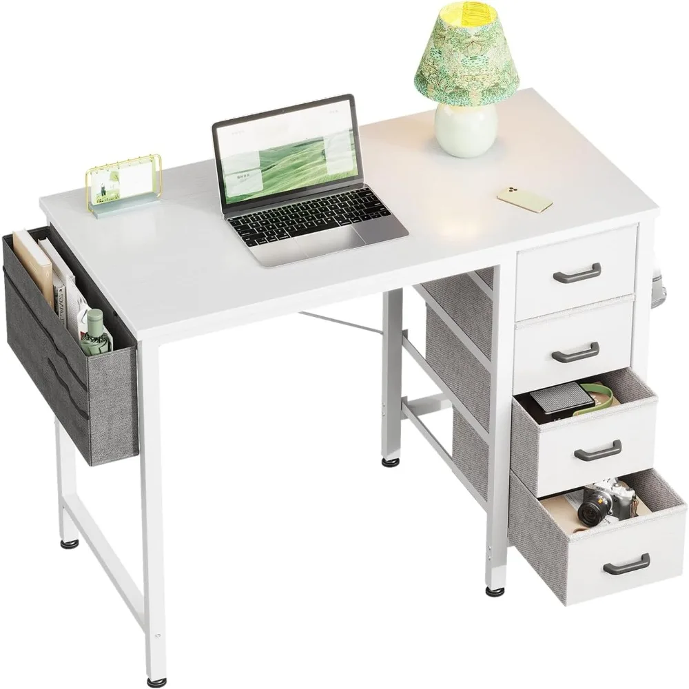 32 Inch Compact Computer Desk with 4 Fabric Drawers, Side Hook, and Storage Bag for Kids' Study Area in Small Spaces