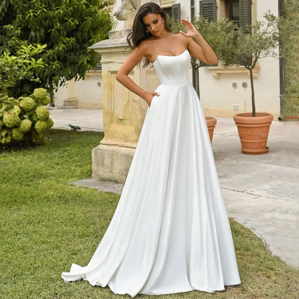 

Simple Bride Wedding Dress Classic Satin A-Line Strapless Sleeveless with Pocket Customized Floor Length Sweep Train Gowns