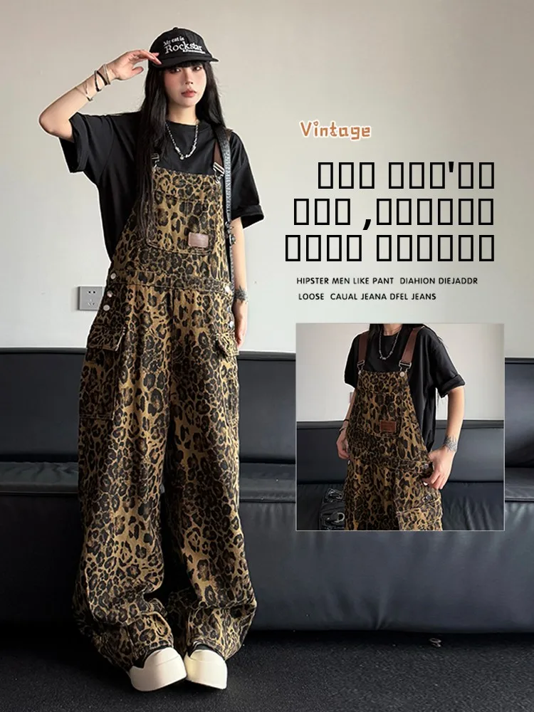 

Винтажные американские джинсовые комбинезоны с леопардовым принтом, свободные, с широкими штанинами, рабочая одежда, джинсы в стиле WASSUP SEMAR Youth Fashion
