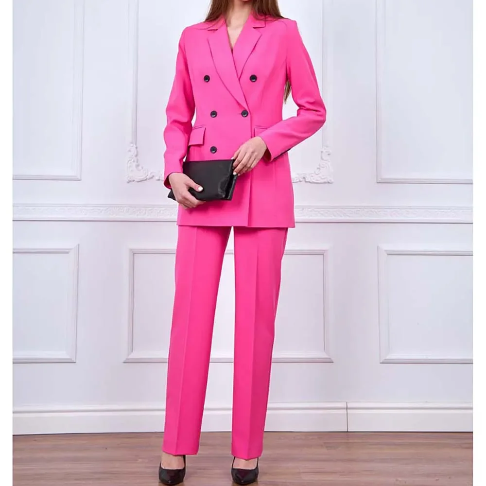 

Bright Pink Double Breasted Women's Suit Two Pieces (Jacket+Pants) New Fashion Slim Fit Women's Blazer Office Set